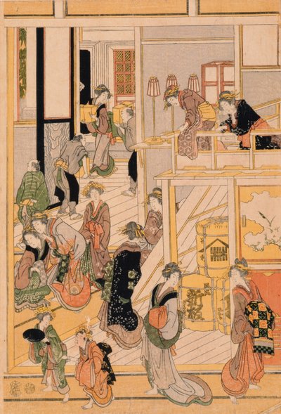 Dia de Ano Novo na casa de chá Ogi-ya. c.1810 (impressão em xilogravura a cores) (para conjunto ver 277796-277798) de Katsushika Hokusai