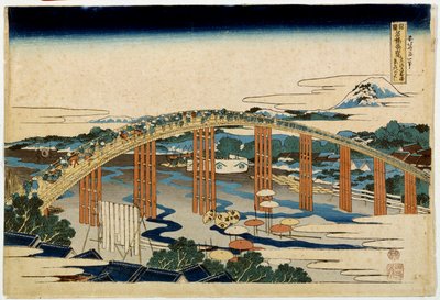 Ponte Okazaki Yahagi sobre o Tokaido. Impressão japonesa por Hokusai (1760-1849) de Katsushika Hokusai