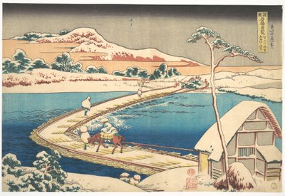 Vista antiga da ponte flutuante de Sano, na província de Kōzuke (Kōzuke Sano funabashi no kozu), da série «Vistas Notáveis de Pontes em Várias Províncias» (Shokoku meikyō kiran) de Katsushika Hokusai