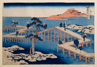 Vista antiga da ponte de oito partes em Yatsuhashi, na província de Mikawa, da série «Vistas notáveis de pontes em várias províncias» de Katsushika Hokusai