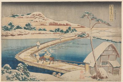 Antiga imagem da ponte flutuante em Sano, na província de Kôzuke de Katsushika Hokusai