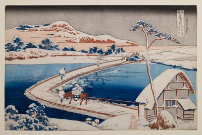 Vista antiga da ponte flutuante em Sano, na província de Kōzuke, da série «Vistas notáveis de pontes em várias províncias» de Katsushika Hokusai