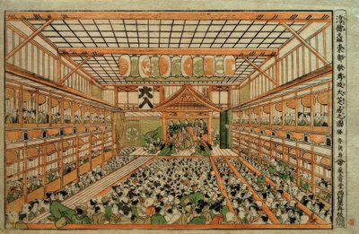 Imagem em perspectiva original do Grande Teatro Kabuki em Edo de Katsushika Hokusai