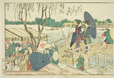 Páginas do livro ilustrado "Vistas panorâmicas ao longo das margens do rio Sumida (Ehon Sumidagawa ryogan ichiran)" de Katsushika Hokusai