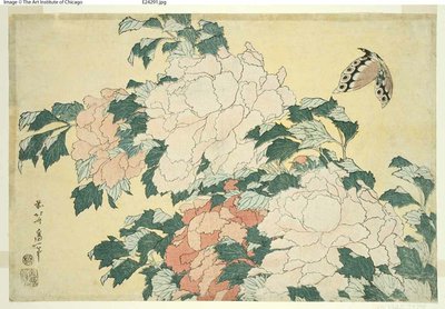 Peônias e Borboleta, de uma série sem título de grandes flores de Katsushika Hokusai