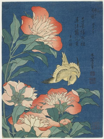Peônias e Canárias, c. 1833 de Katsushika Hokusai