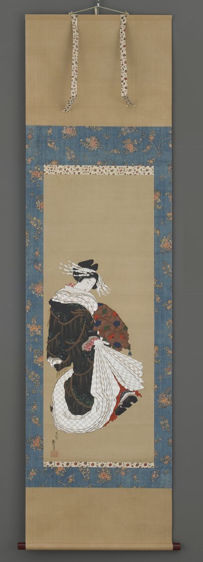 Retrato de um Courtesan Walking, c.1815-19 (tinta, cor e ouro em seda) de Katsushika Hokusai