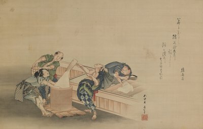 Pounding Rice para Mochi, inscrito por Momomoto Hinamaro, período Edo, c.1822 (tinta e cor em seda montada como pergaminho) de Katsushika Hokusai