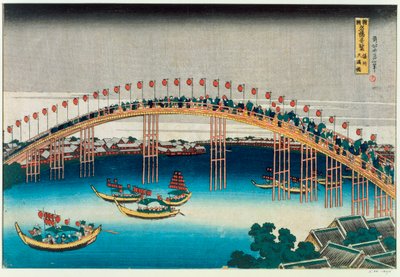 Procissão sobre uma ponte (impressão em xilogravura a cores) de Katsushika Hokusai