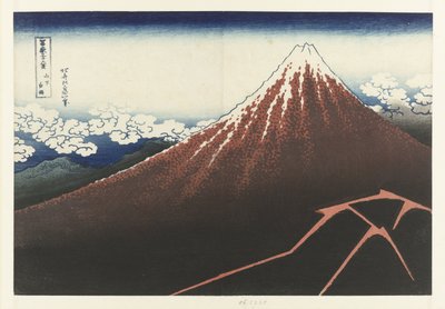 Tempestade no sopé da montanha Fuji Vermelho Sanka hakuu (título no objeto) 36 Vistas do Monte Fuji (título da série) Fugaku sanjurokkei (título da série no objeto) de Katsushika Hokusai
