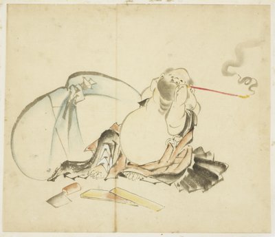Hotei sentado fumando um cachimbo, ca. 1815-1849 (tinta e cor no papel) de Katsushika Hokusai