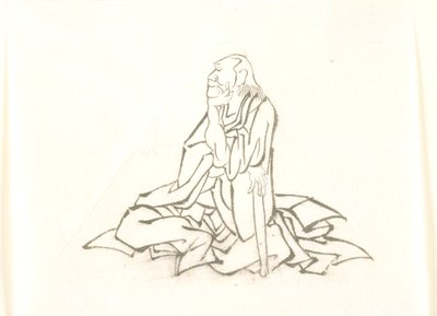 Ancião sentado, apoiado numa bengala de Katsushika Hokusai