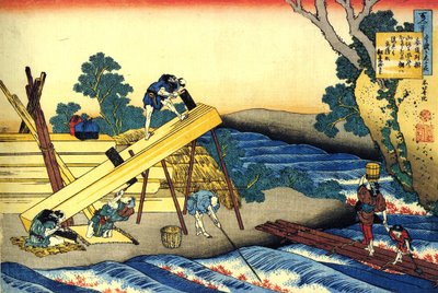 Série de cem poemas de cem poetas: "Harumichi no Tsuraki" Carpinteiros a trabalhar - Impressão de Katsushika Hokusai (1760-1849) (escola ukiyo-e) por volta de 1830 Estado de l