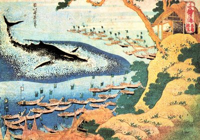 Série de mil vistas do oceano: a baleia nas ilhas Goto, Japão - Impressão de Katsushika Hokusai (1760-1849) (escola ukiyo-e) 1830-1833 State A Pushkin Museum of Fine Arts, Moscow de Katsushika Hokusai