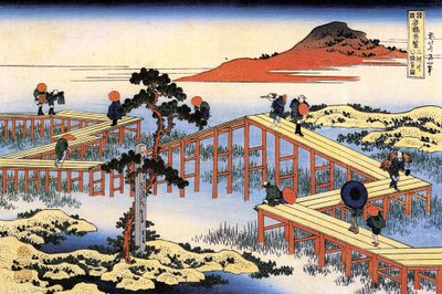 Série de vistas notáveis ​​de pontes de diferentes províncias: a ponte Yatsuhashi na província de Mikawa, Japão - Impressão de Katsushika Hokusai (1760-1849) (escola ukiyo-e) 1835 State Hermitage São Petersburgo Rússia de Katsushika Hokusai