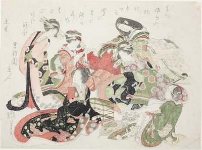 Seis mulheres sentadas ao redor de uma gaiola de pássaros de Katsushika Hokusai