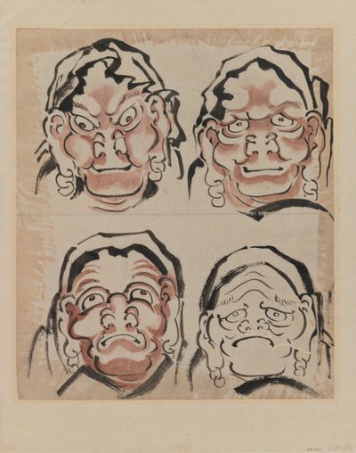 Esboço de quatro faces (tinta no papel) de Katsushika Hokusai