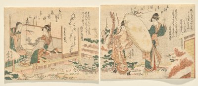 Snowy Morning: Duas mulheres caminham em um jardim coberto de neve em neve-geta com um guarda-chuva; L: Jovem toca koto e olha para a mãe de Katsushika Hokusai