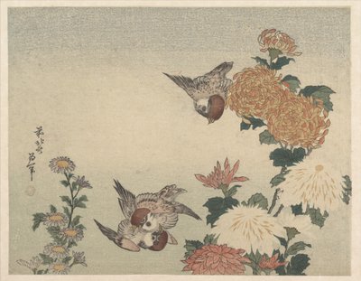 Pardais e crisântemos de Katsushika Hokusai