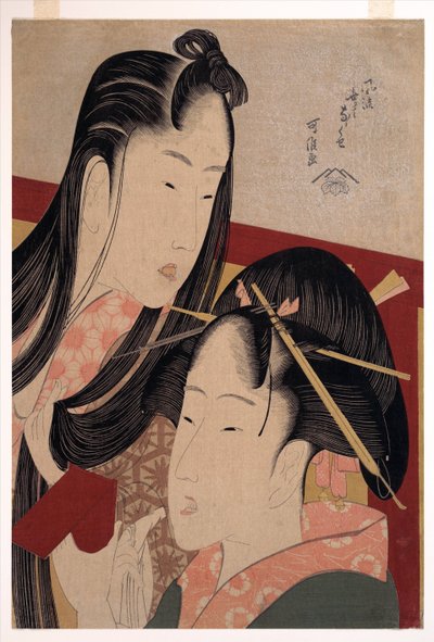 Squeaking a Ground Cherry, da série Seven Fashionable Useless Habits - Hokusai, Katsushika (1760-1849) - c. 1798 - Corte de madeira colorido - 36,4x24,8 - Coleção Particular de Katsushika Hokusai