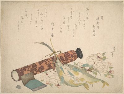 Natureza morta: ramo duplo de cerejeira em flor, telescópio, peixe-doce e caixa de lenços de papel de Katsushika Hokusai
