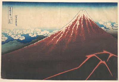 Tempestade ao pé do Monte Fuji (Sanka no haku u), da série «Trinta e seis vistas do Monte Fuji» (Fugaku sanjūrokkei) de Katsushika Hokusai