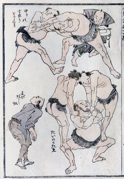 Estudos de gestos e posturas de lutadores, a partir de um mangá (impressão xilogravura colorida) de Katsushika Hokusai