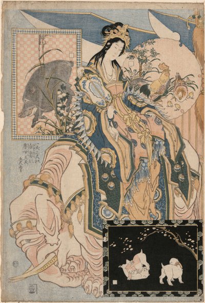 Tang Lady on a White Elephant, de um conjunto de trabalhos publicitários em palha gigante numa atracção de feira de Katsushika Hokusai
