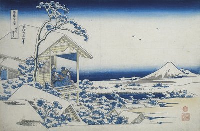 Casa de chá em Koishikawa, a manhã depois de uma queda de neve, c.1830 (xilogravura) de Katsushika Hokusai