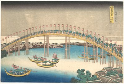 Ponte Tenman na província de Settsu (Sesshū Tenmanbashi), da série «Vistas Notáveis de Pontes em Várias Províncias» (Shokoku meikyō kiran) de Katsushika Hokusai