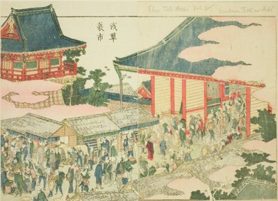 O mercado de fim de ano em Asakusa (Asakusa mino ichi), do livro ilustrado "Livro ilustrado de diversões do Oriente (Ehon Azuma asobi)" de Katsushika Hokusai