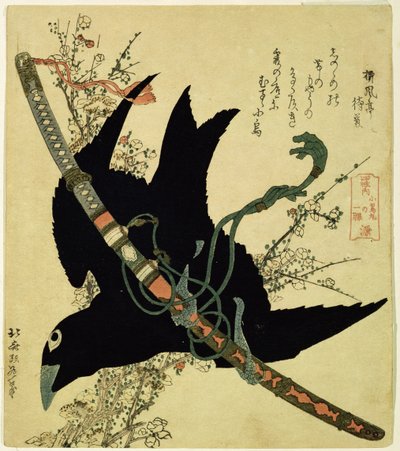O pequeno corvo com a espada do clã Minamoto, c.1823 (cor xilogravura) de Katsushika Hokusai