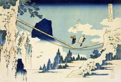 A ponte suspensa entre Hida e Etchu (impressão em xilogravura) de Katsushika Hokusai