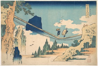 A Ponte Suspensa na Fronteira entre as Províncias de Hida e Etchū (Hietsu no sakai tsuribashi), da série «Vistas Notáveis de Pontes em Várias Províncias» (Shokoku meikyō kiran) de Katsushika Hokusai