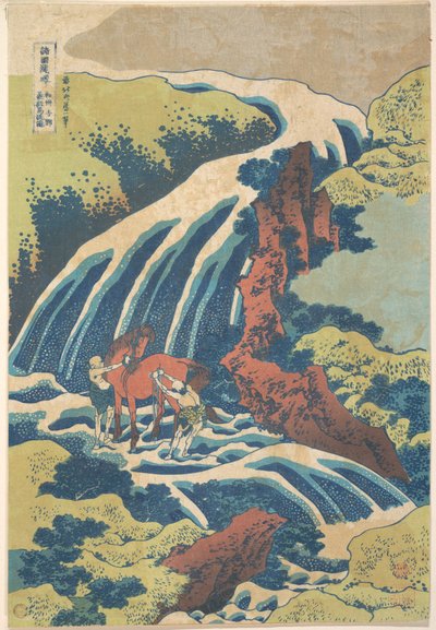 A Cascata onde Yoshitsune lavou o seu cavalo em Yoshino, na província de Yamato (Washū Yoshino Yoshitsune uma arai no taki), da série «Um passeio pelas cascatas de várias províncias» (Shokoku taki meguri) de Katsushika Hokusai
