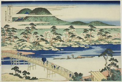 Ponte Togetsu em Arashiyama na província de Yamashiro (Yamashiro Arashiyama no Togetsukyo), da série "Vistas incomuns de pontes famosas em várias províncias (Shokoku meikyo kiran)" de Katsushika Hokusai