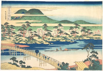 Ponte Togetsu em Arashiyama em Yamashiro, da série Vistas Notáveis de Pontes em Várias Províncias (Shokoku meikyō kiran), c.1830 (xilogravura a cores) de Katsushika Hokusai