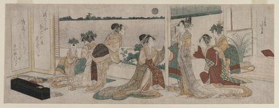 Tsukasa e outros cortesãos de Ogiya observando o nascer da lua de outono ..., 1799. de Katsushika Hokusai