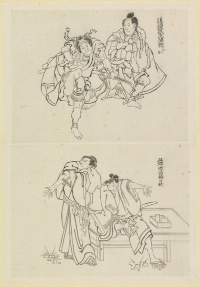 Duas cenas de palco, uma com dois samurais e outra com duas figuras em uma mesa de Katsushika Hokusai
