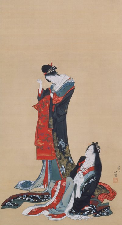 Duas cortesãs, período Edo, c.1805 (tinta e cor sobre seda) de Katsushika Hokusai
