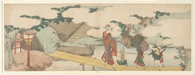 Duas mulheres e um rapaz no passeio marítimo de Katsushika Hokusai