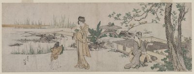 Duas mulheres e uma criança ao lado de um tanque de peixes dourados de Katsushika Hokusai