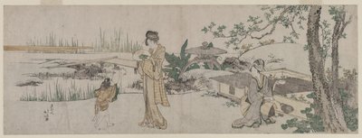 Duas mulheres e uma criança ao lado de um aquário, c. 1800. de Katsushika Hokusai