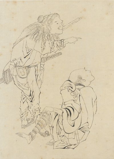 Dois caçadores, período Edo (tinta no papel) de Katsushika Hokusai