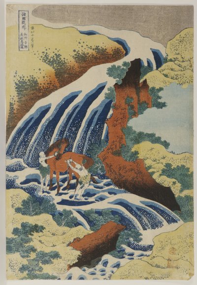 Dois homens lavando um cavalo em uma cachoeira de Katsushika Hokusai