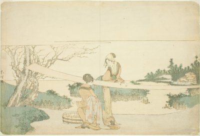Duas mulheres esticando o pano de Katsushika Hokusai
