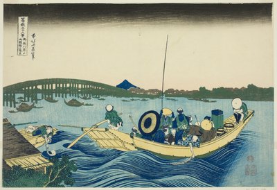 Vendo o pôr do sol sobre a ponte Ryogoku do Onmaya Embankment (Onmayagashi yori Ryogokubashi sekiyo o miru), da série "Trinta e seis vistas do Monte Fuji (Fugaku sanjurokkei)" de Katsushika Hokusai