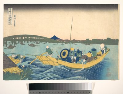 Contemplando o pôr-do-sol sobre a Ponte Ryōgoku a partir do aterro de Onmaya (Onmayagashi yori Ryōgokubashi sekiyō o miru), da série «Trinta e seis vistas do Monte Fuji» (Fugaku sanjūrokkei) de Katsushika Hokusai