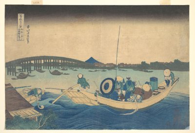 Contemplando o pôr-do-sol sobre a Ponte Ryōgoku a partir do aterro de Onmayagashi (Onmayagashi yori Ryōgokubashi sekiyō o miru), da série «Trinta e seis vistas do Monte Fuji» (Fugaku sanjūrokkei) de Katsushika Hokusai