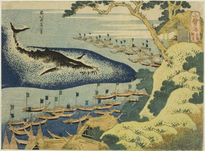 Baleação na costa das ilhas Goto (Goto kujira tsuki), da série "Mil Imagens do Oceano (Chie no umi)" de Katsushika Hokusai